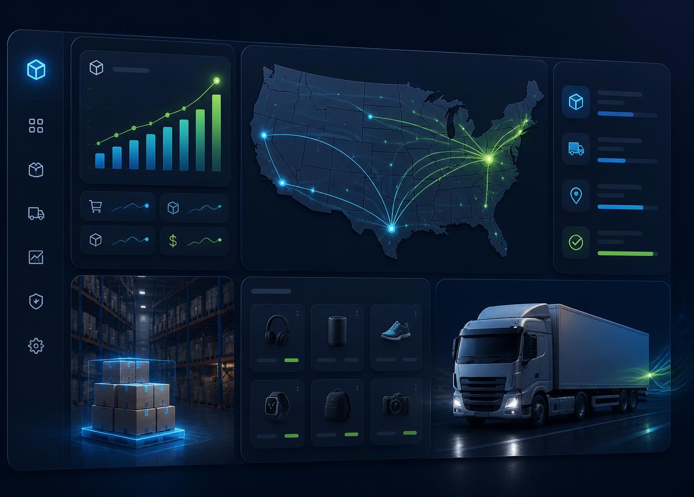 Tamim Shop warehouse dashboard showing US shipping routes, live order analytics, and same-day fulfillment